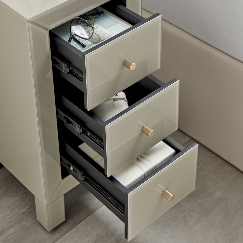 Nekizia Small Slimline 3 Drawer Mirrored Bedside Cabinet - Luxury Modern Bedside Table Nightstand, Taupe
