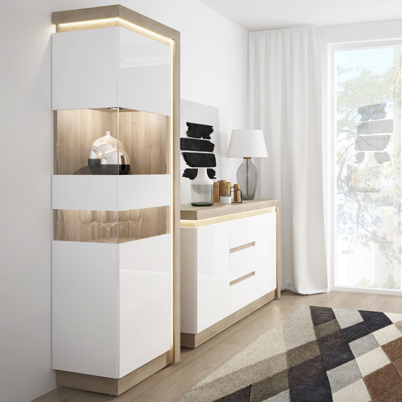 Blayze Display Cabinet, Riviera Oak/White High Gloss, Left Hand