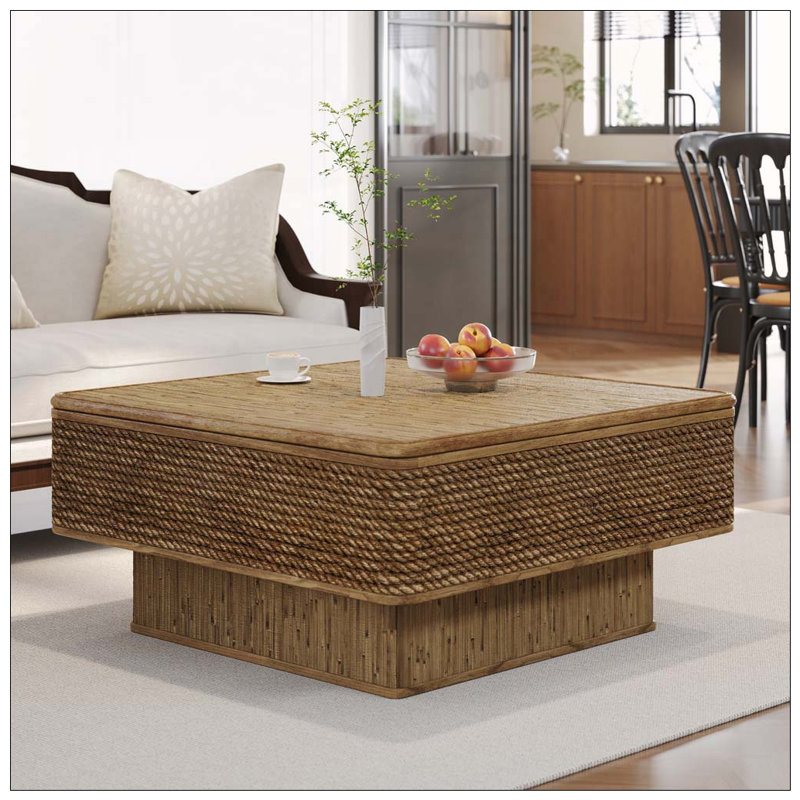 Table basse carrée en rotin et corde de chanvre avec rangement réglable