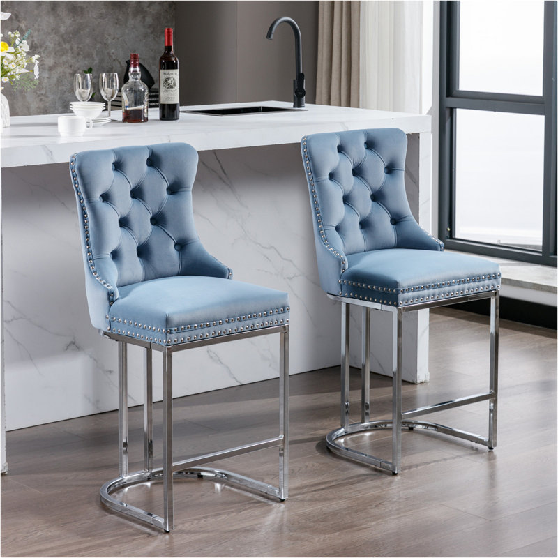 26" Counter Height Bar Stools Set Of 2, Modern Velvet Barstools With Button Back&Rivet Trim Upholstered Kitchen Island Chairs With Sturdy Chromed Metal Base Legs Farmhouse Bar Stools