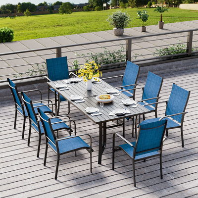 9 Piece Patio Dining Set, Outdoor Dining Table And Chairs Set For 8, 8 Textilene Chairs, 1 Iron Rectangular Table With Adjustable Umbrella Hole, Patio