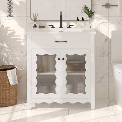 Meuble-lavabo moderne avec verre trempé et portes à fermeture douce, pieds en bois d'hévéa durable, finition blanche