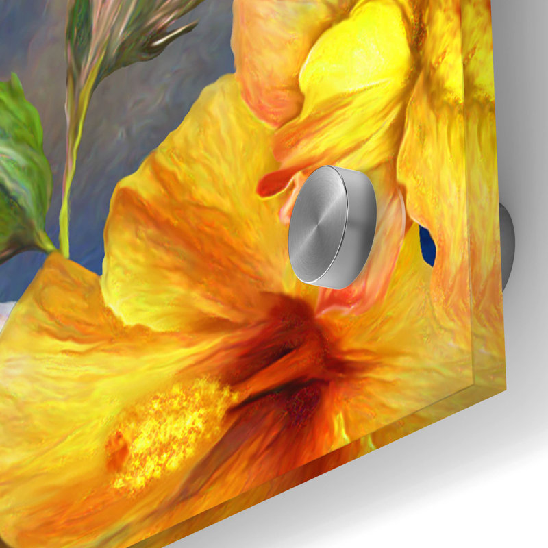 Art mural en verre Bayou Breeze «Hyacinth In The Hibiscus» par Carol Cavalaris, 36 po x 36 po