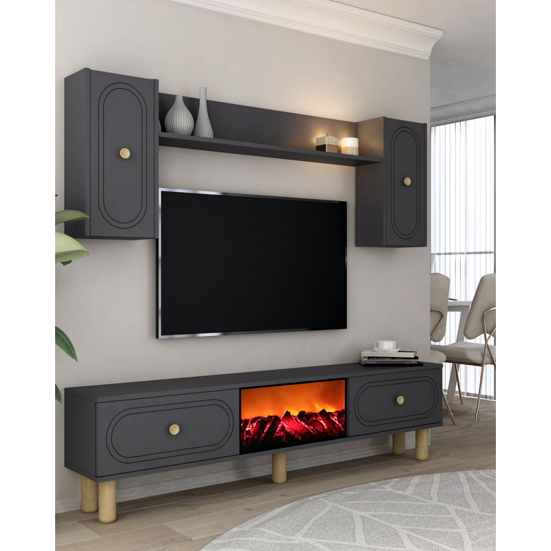 Meuble télé 59,1 po x 17,6 po x 11,6 po Modern Anthracite | 100% panneau de particules enduit de mélamine, épaisseur: 0,7 pouce | Nombreuses tablettes murales au design élégant pour le salon et les espaces de divertissement