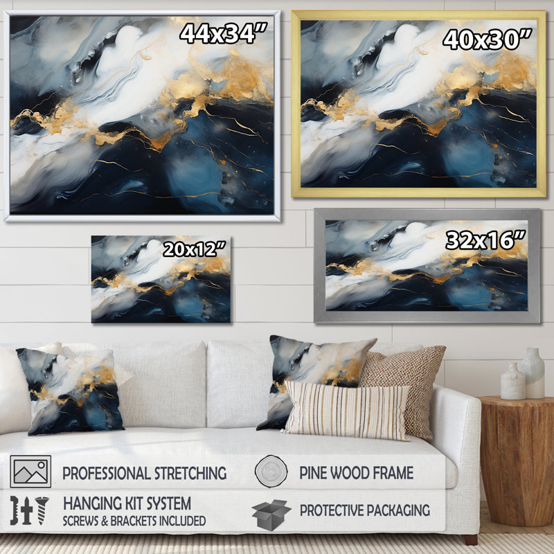 Encre de marbre abstraite dorée et bleue I - décoration murale en marbre, Cadre flottant doré, H 12 po x l 20 po x P 1 po