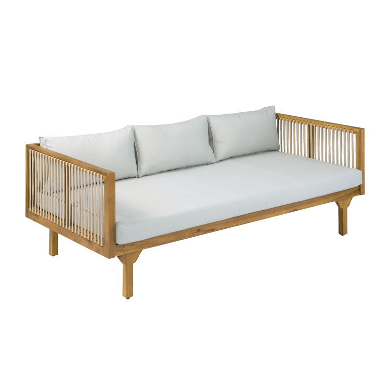 Kamanda Patio Acacia Wood 3-Seater Sofa with Rope & Water-Repellent Cushions, Light Gray