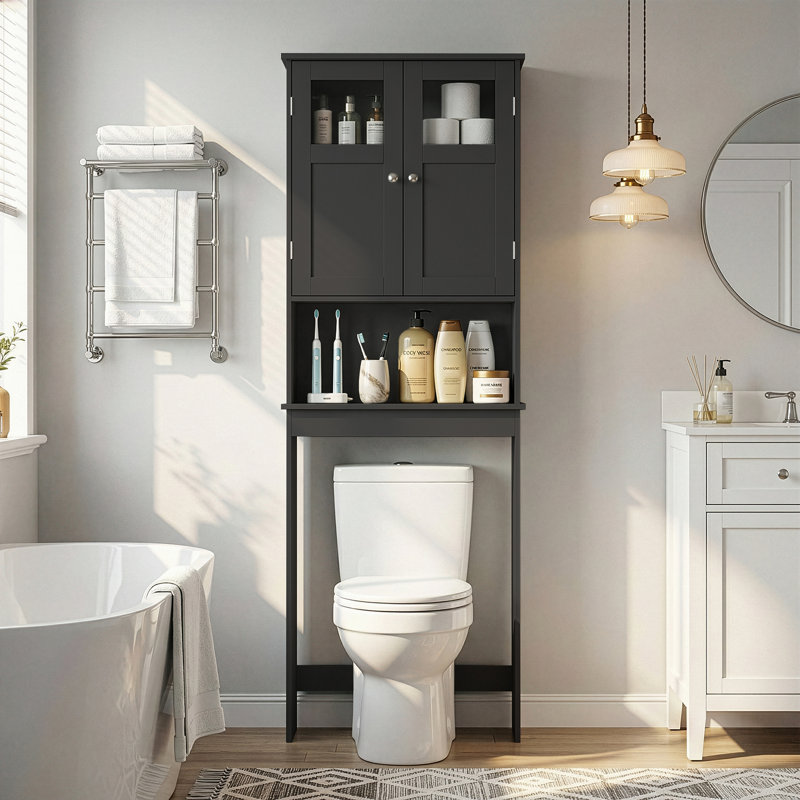 66.9'' Black Toilet Cabinet With 2 Doors, Black