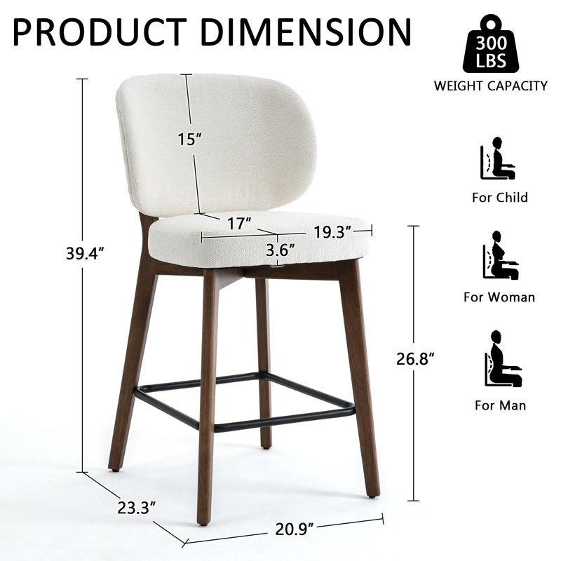 Mid-Century Modern Counter Stool, Fabric Upholstered Barstool With Wingback, Armless Counter Height Bar Stool With Wood Legs, Metal Footrest, For Kitchen Island Bar Counter