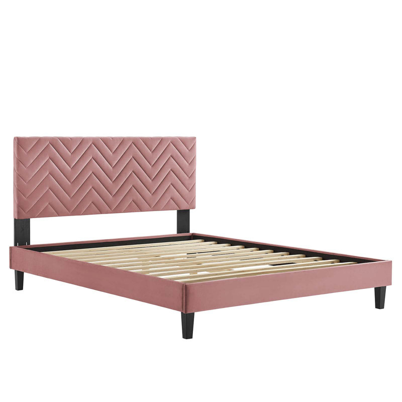 Modway Leah Chevron Tufted Performance Velvet Platform Bed, Pink, Full / Double