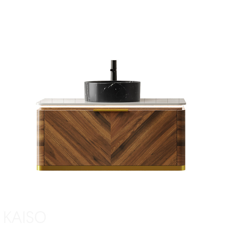 Meuble-lavabo 36 po, armoire de rangement en contreplaqué flottant avec capteur de lumière, tiroir, vasque ronde en céramique noire à motif de pierre et plateau en pierre frittée, pré-assemblé, couleur grain de bois noyer foncé