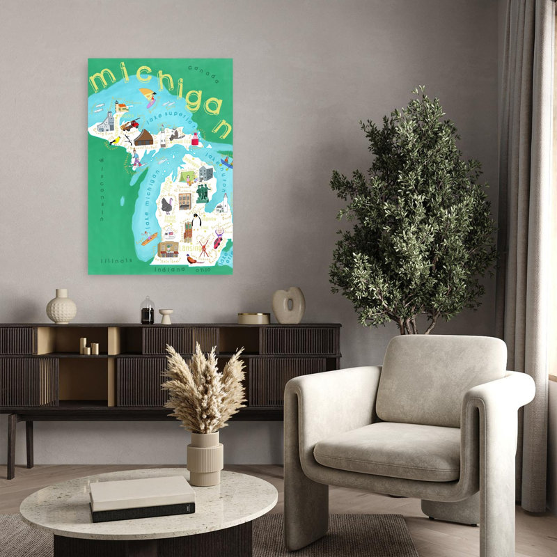 Illustrated Michigan Map Colorful Abstract Contemporary Nature City Wall Art Print 1 Piece Wrapped Canvas Wall Art