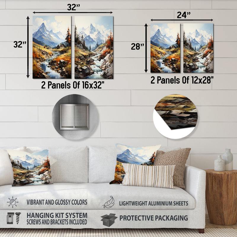 Ensemble d'art mural en métal Alpine Nostalgia Creek Landscape - Mountains, H 32 po x l 32 po