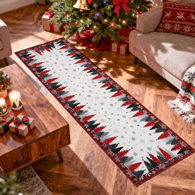Tapis de Noël lavable à la machine 2 pi x 10 pi - Tapis antidérapant et résistant aux marques avec flocon de neige à carreaux rouges et motif d'arbre pour le couloir et la cuisine - Rouge (61 x 305 cm, États-Unis)