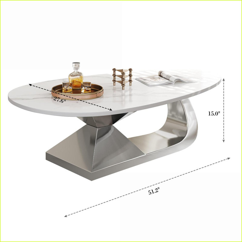 Table basse en pierre frittée moderne avec base en acier inoxydable, facile à nettoyer et amp; Durable pour le salon
