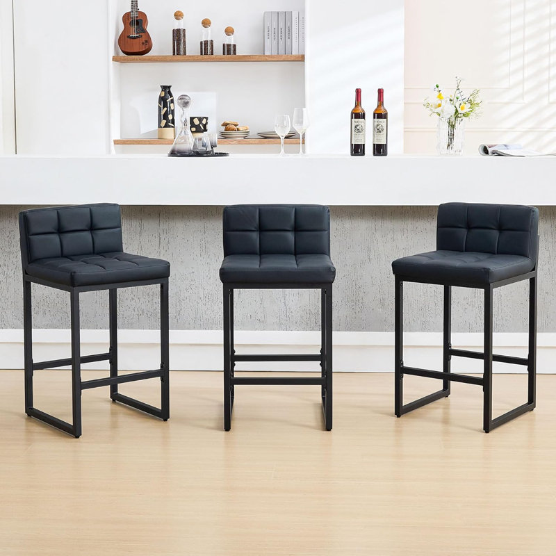 Tabouret de comptoir moderne à dossier bas avec structure en métal épaissie pour îlot de cuisine, Noir, 3