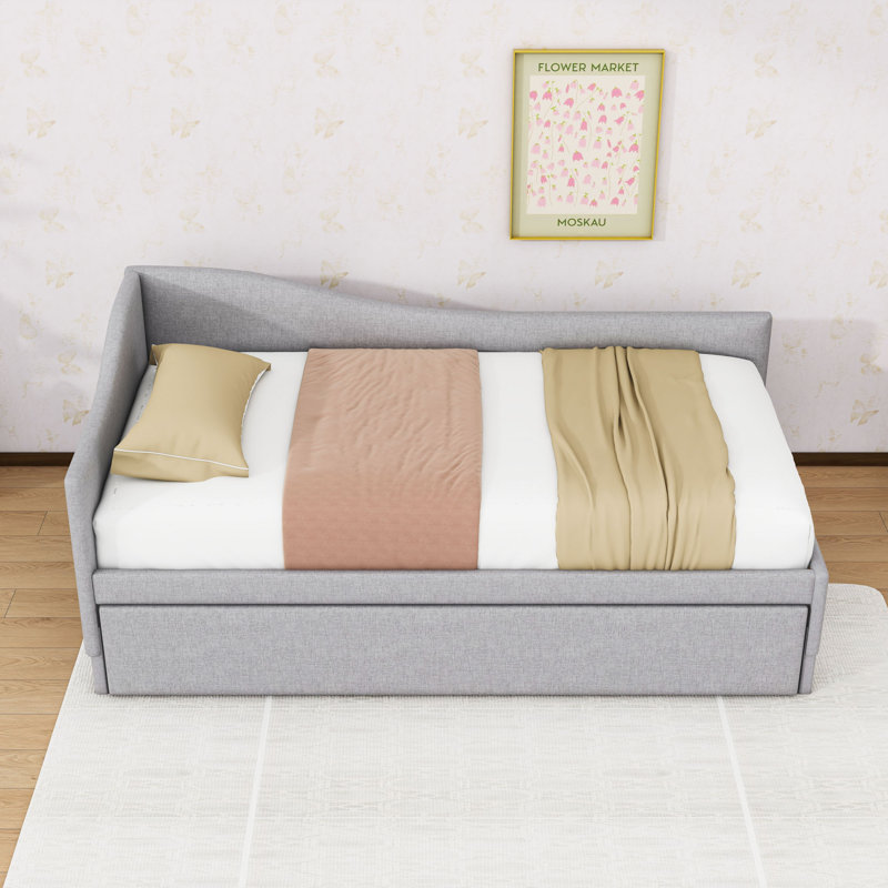 Twin L-Shaped Upholstered Daybed with Trundle, Gray