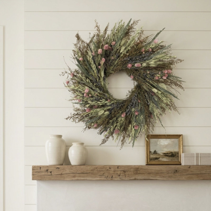 Natural Dried Flowers, Grains, Lavender, Pink Globe, and Blue Grass Herbal Wreath, 22" H x 22" W x 5" D