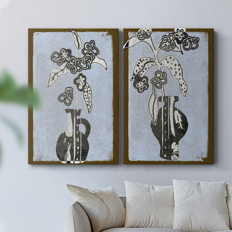 Fleurs graphiques dans un vase I - Toile tendue avec châssis de qualité supérieure - Prêt à être accroché, H 18 po x l 24 po