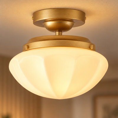 Modern Semi-Flush Mount Ceiling Light, 9.84" Gold Ceiling Fixture with White Glass Shade, Dimmable E26 Ceiling Lamp for Hallway Bedroom Entryway, ETL Listed, 120V, 1-Year Warranty (Bulb Not Included)
