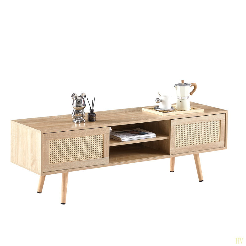 55.12" Rattan TV Cabinet, Double Sliding Doors For Storage,  Adjustable Shelf, Solid Wood Legs, TV Console For Living Room