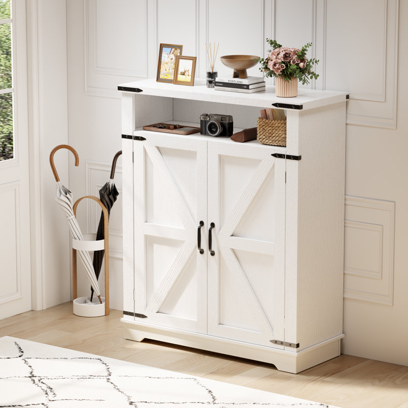 32'' Farmhouse Shoe Storage Cabinet with Barn Doors, Wood Entryway Organizer with 2-Tier Open Shelf and Adjustable Shelves
