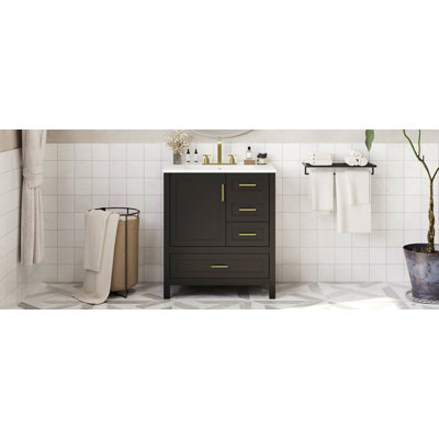 Ensemble de meuble-lavabo avec lavabo 30 po, armoire de rangement pour salle de bain avec porte à fermeture douce, 3 tiroirs à fermeture douce et plateau amovible, structure en bois massif