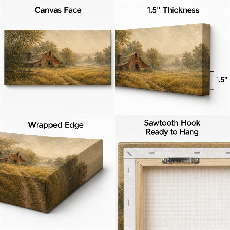 Tableau panoramique sur toile tendue représentant une grange champêtre dans la brume matinale, H 24 po x l 48 po x P 1,5 po