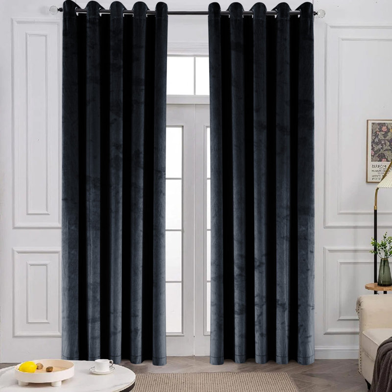Pownal Crushed Velvet Eyelet Sheer Living Room Curtains, 	Black, 228 x 228cm