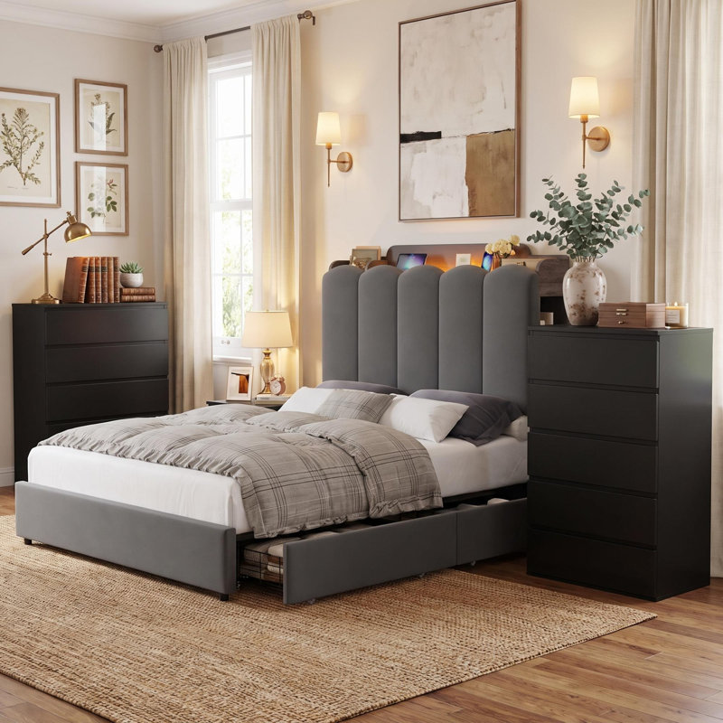 Ensemble de chambre à coucher 3 pièces comprenant un lit à DEL, 2 tiroirs sous le lit et une commode à 5 tiroirs (2 pièces).