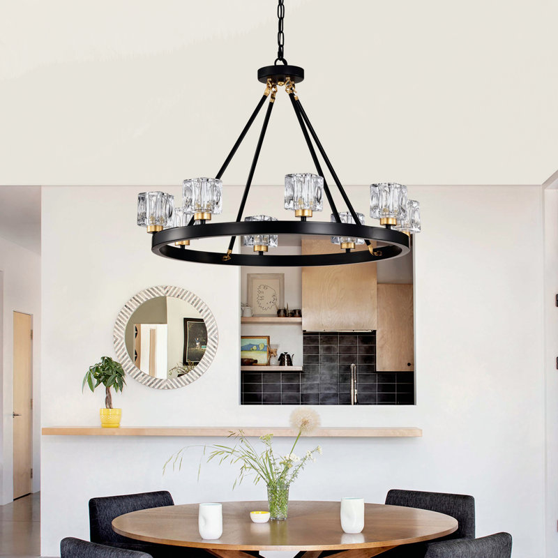 Noir mat + lustre en roue de chariot de style lustre en cristal de style campagnard pour salon, 27.01