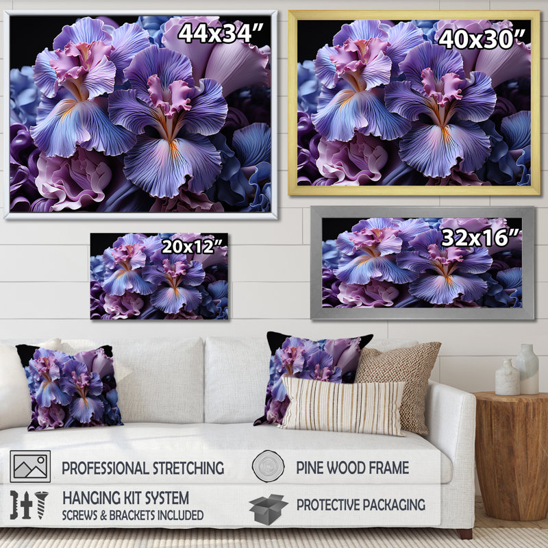 «Midnight Purple Irises Serenity Unveilé I», reproduction sur toile, H 16 po x l 32 po x P 1 po, Cadre doré simple