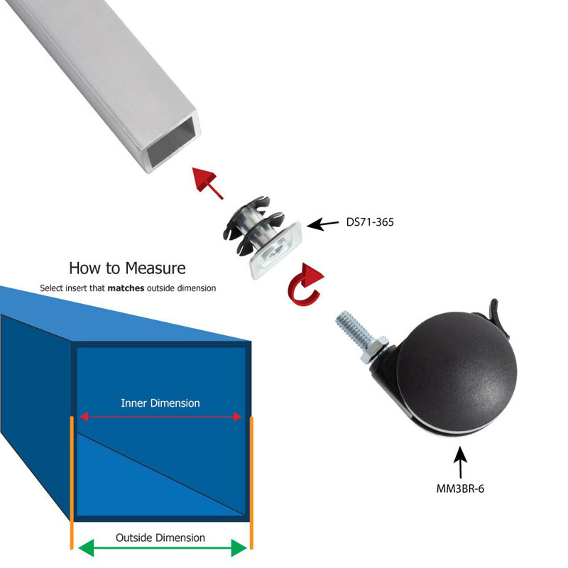 Roulette de frein pivotante noire 2 po pour meuble carré de 1-1 / 8 po