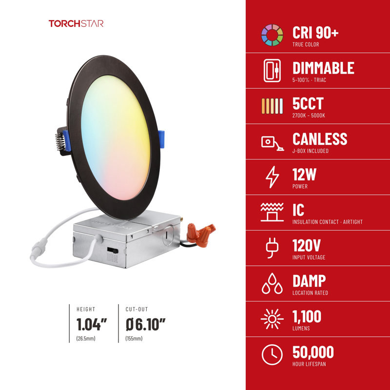 Luminaire encastré mince DEL 6 po 5CCT avec boîte de jonction, à intensité variable, en aluminium, IRC 90, bronze huilé