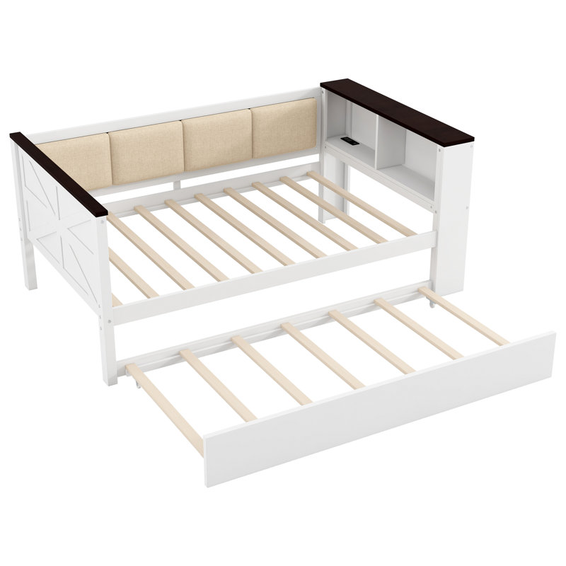 Twin Size Wood Daybed with Storage Shelves, Upholstered Backrest, USB Ports & Trundle, White, Twin