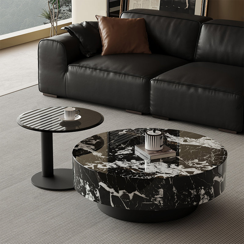 Table basse moderne simple ronde en marbre, Noir, noir, noir, noir, H 13,8 po x L 31,5 po x l 31,5 po