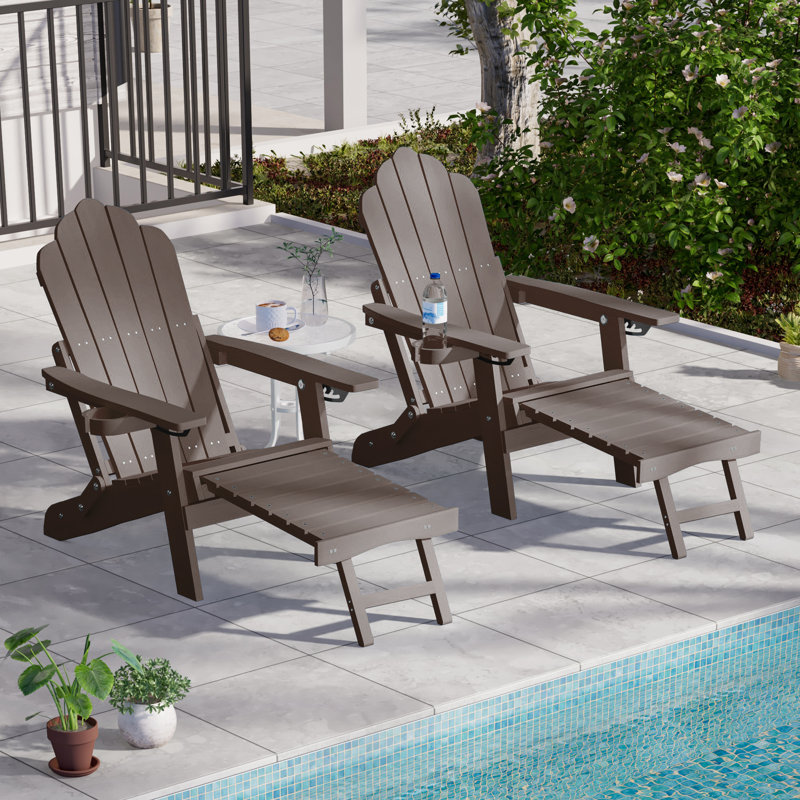 Set of 2 Folding Adirondack Chairs, All-Weather HIPS Plastic Adjustable Patio Chair with Ottoman, Outdoor Fire Pit Chair for Deck Backyard Lawn Garden