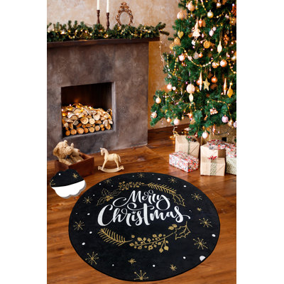 Tapis de Noël rond élégant, 47,2 pouces, noir, blanc et or | 100% polyester, hauteur des poils de 0,4 po, dessous antidérapant, lavable à la machine | Antibactérien, parfait pour les fêtes et les rassemblements festifs