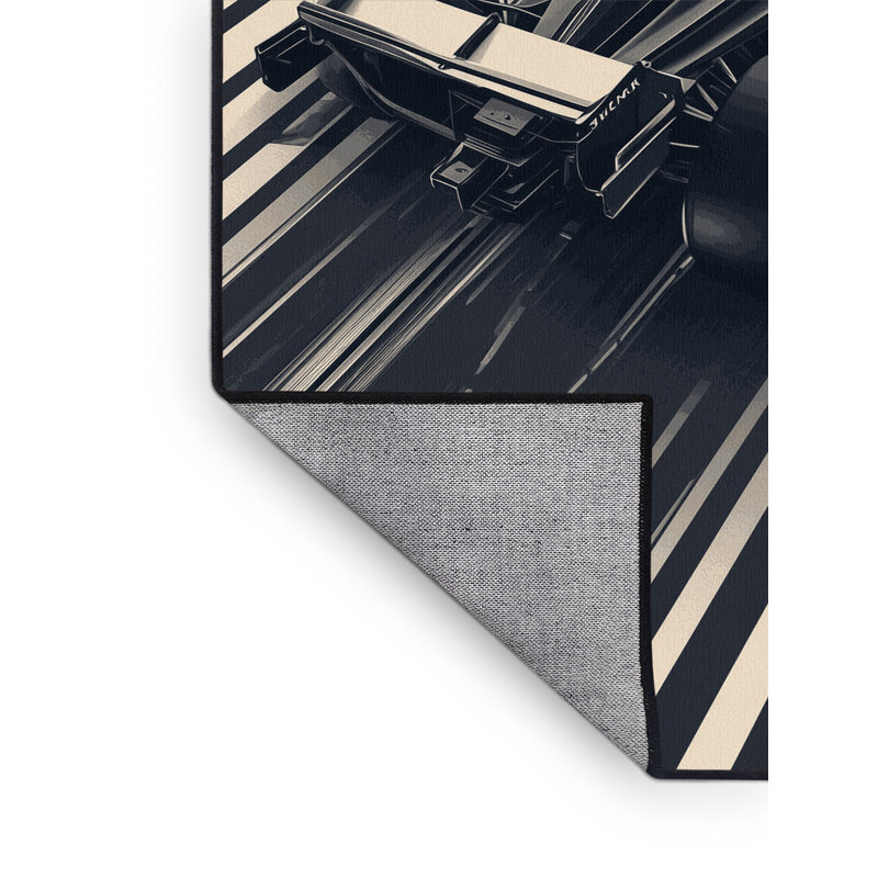 Machine Washable Rayan Formula Race Car Sleek & Chic Modern Arc Rug in Beige – Black Binding, 7x9