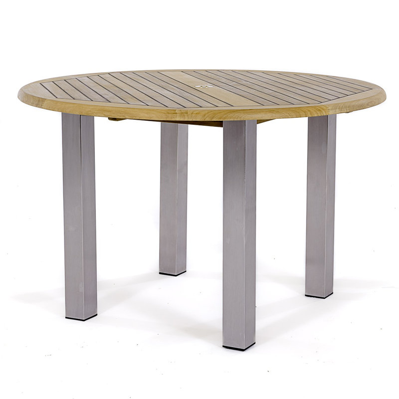 Round Teak and Stainless Steel Outdoor Dining Table