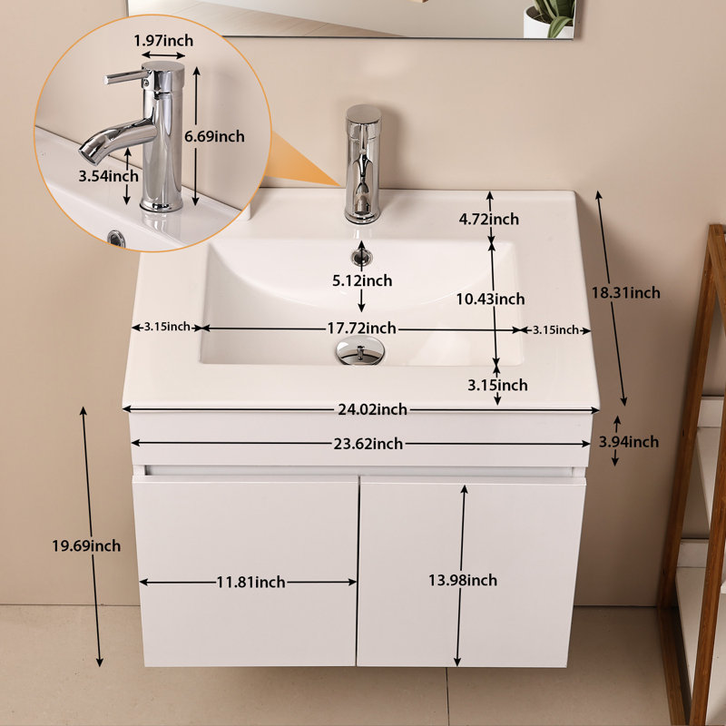 Meuble-lavabo moderne avec lavabo et robinet en céramique; lavabo mural flottant avec fermeture en douceur 2 portes d'un grand espace de rangement