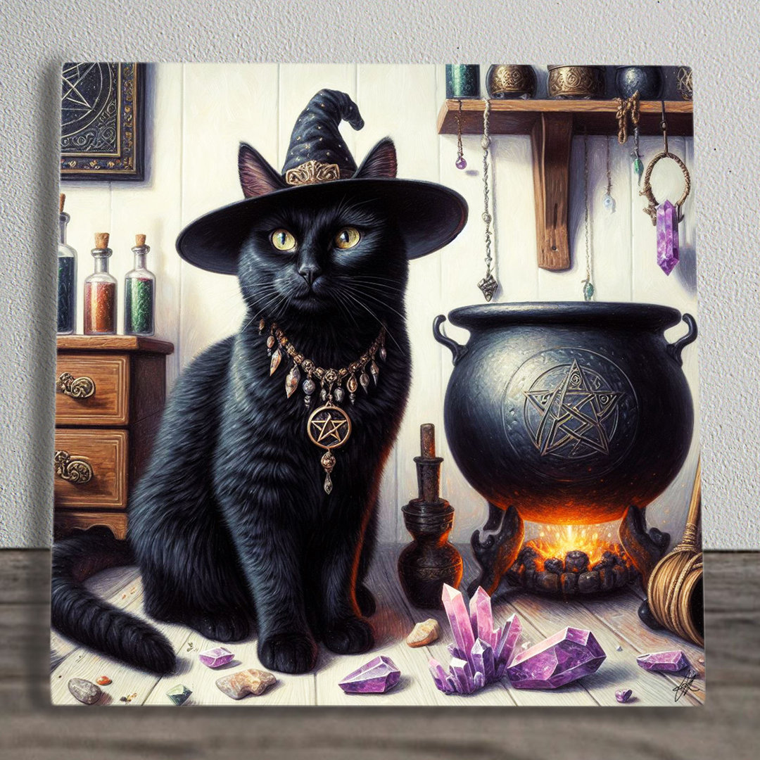 Katze mit Zaubersprüchen Spirituelles Kunstwerk auf Keramik Wandkunst Bildfliese