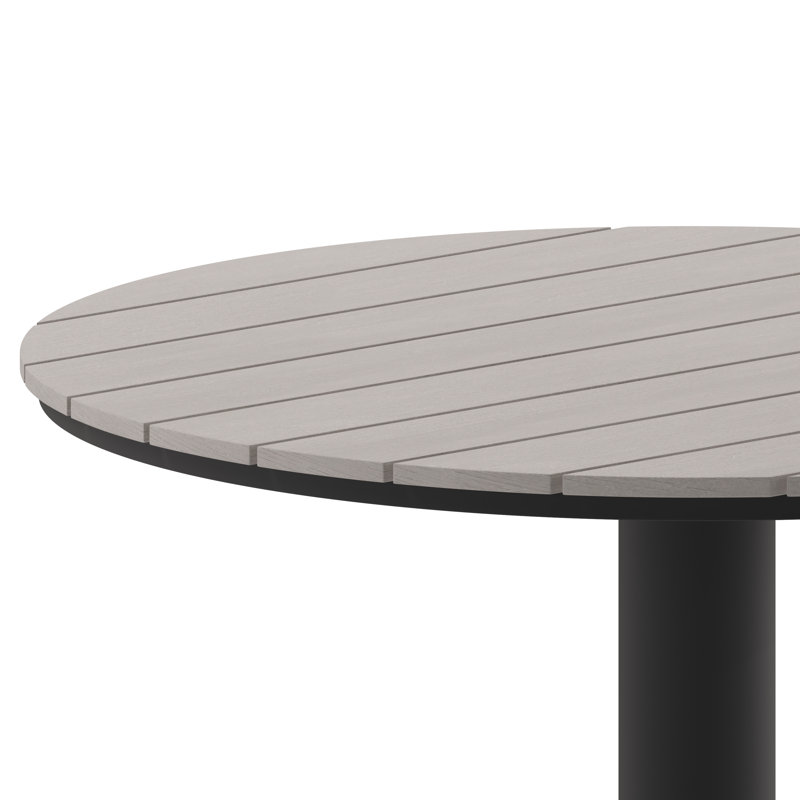Derby Lane Commercial 24 Inch Round Faux Teak Outdoor Patio Dining Table, Gray