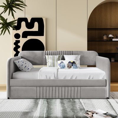 Gray Upholstered Daybed, Trundle Bed, Wood Slat, Multi - Functional Cozy Environment Twin Trundle, Slat Support, Strong And , Ideal For Family Use