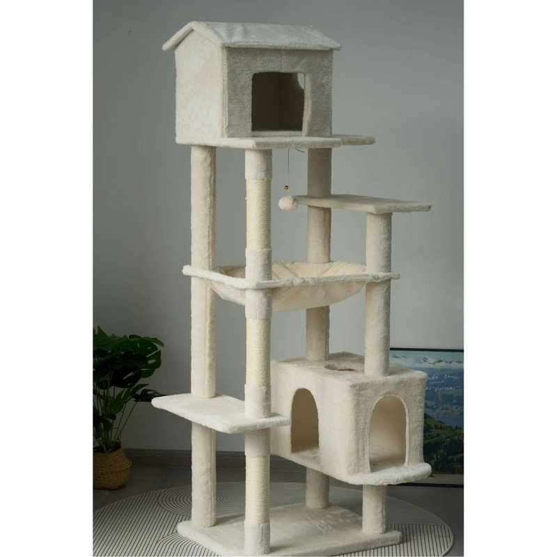 63 po, multi-niveaux, beige, arbre à chat, 5 niveaux, poteaux à griffer, cachette, pendaison, arbre beige amusant de tous les jours avec une plateforme plate, une cachette douce et confortable pour les chats