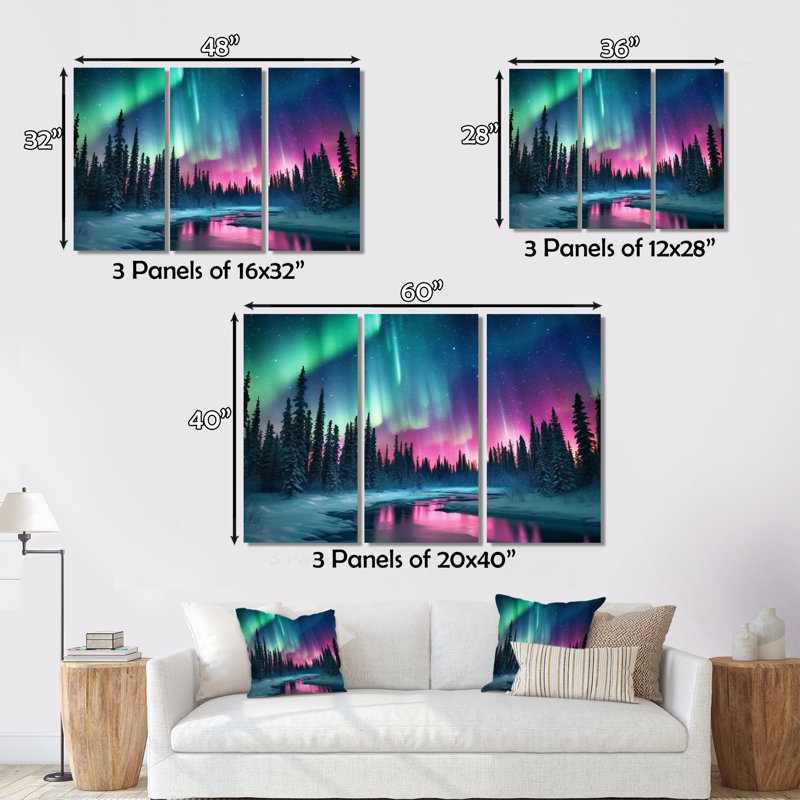 Northern Lights In Alaska II sur toile, reproduction de 3 pièces, H 40 po x l 60 po x P 1 po