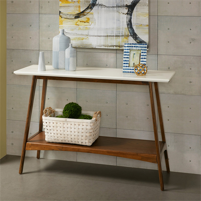 Console de style Mid-Century, table de couloir, table de vestibule avec tablette inférieure, Pécan