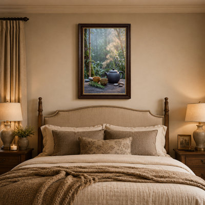 Théière noire et tasses avec romarin sur toile de table en bois, art mural