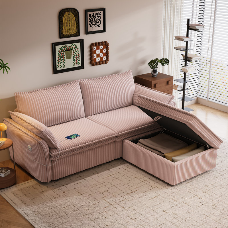 Canapé-lit de 85 pouces, convertible 3 en 1 avec lit gigogne, port de chargement USB, canapé deux places pour salon et chambre d'amis, rose