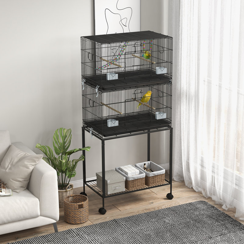 Double cage à oiseaux empilable avec support, roues, balançoire et échelle en bois pour canaris, tourtereaux, perruches