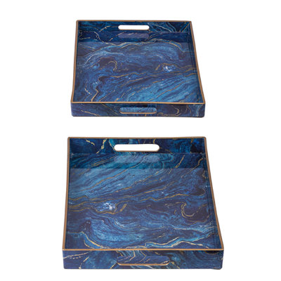 Decorative Serving Tray Set Of 2, Cutout Handles, Blue Gold Faux Marble